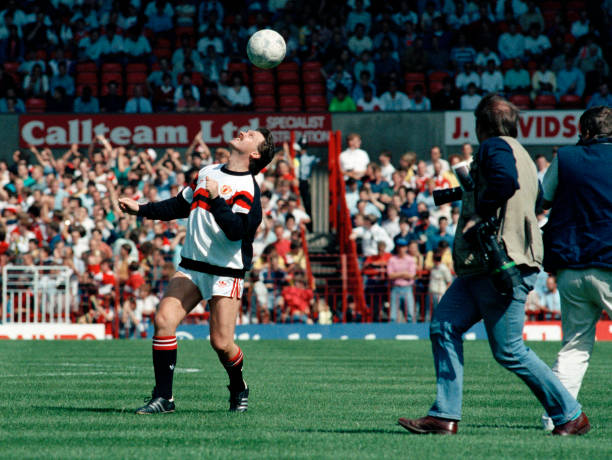 Michael Knighton demonstrating his ball skills on the pitch at Old Trafford, after agreeing to buy Manchester United, prior to United's First...