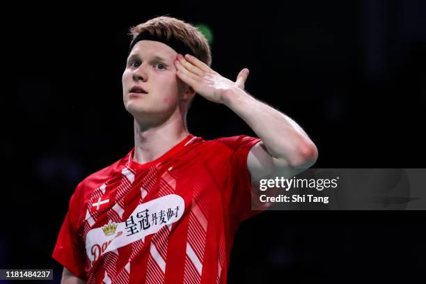 Anders Antonsen of Denmark reacts in the Men's Singles first round match against Kidambi Srikanth of India on day two of the Denmark Open at Odense...