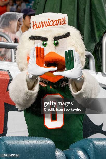 University of Miami Hurricanes mascot Sebastian during the college football game between the University of Louisville Cardinals and the University of...