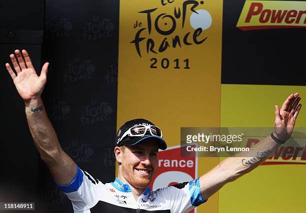 Tyler Farrar of the USA and Garmin-Cervelo celebrates winning stage three of the 2011 Tour de France from Olonne-sur-Mer to Redon on July 4, 2011 in...