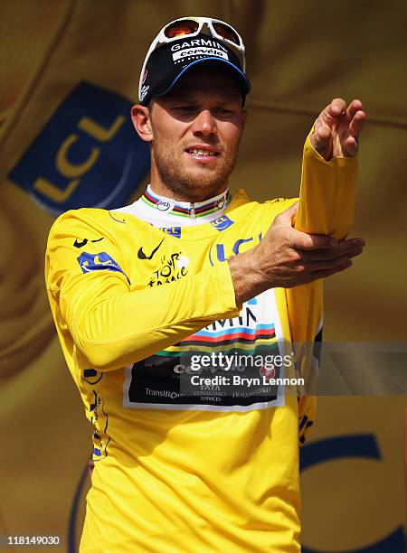 Thor Hushovd of Norway and Garmin-Cervelo retained the yellow jersey after stage three of the 2011 Tour de France from Olonne-sur-Mer to Redon on...