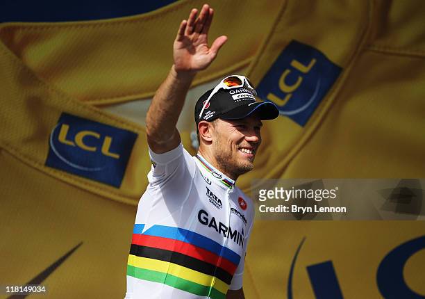 Thor Hushovd of Norway and Garmin-Cervelo retained the yellow jersey after stage three of the 2011 Tour de France from Olonne-sur-Mer to Redon on...