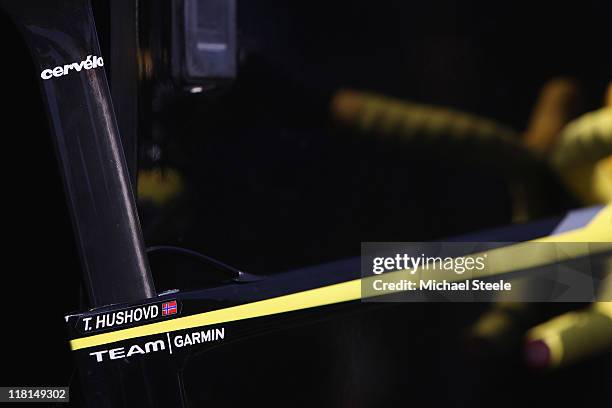 Detail shots of the racing bike of yellow jersey leader Thor Hushovd of Norway representing team Garmin emerges from the team bus ahead of Stage 3 of...