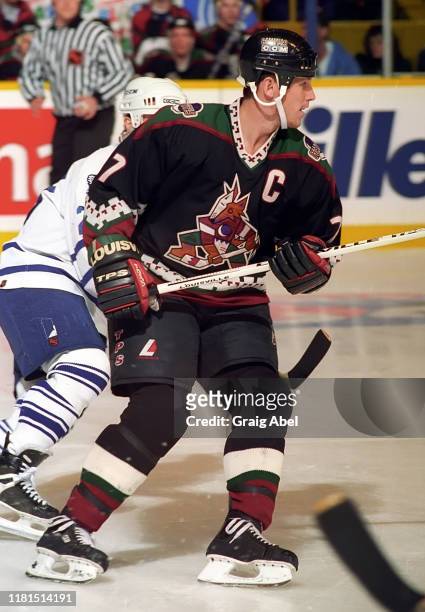 Keith Tkachuk of the Phoenix Coyotes skates against the Toronto Maple Leafs during NHL game action on December 14, 1996 at Maple Leaf Gardens in...
