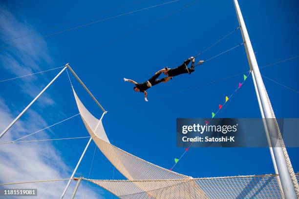 trapezkünstler schwingen gemeinsam am blauen himmel - zirkus stock-fotos und bilder