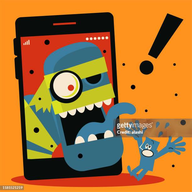 ilustrações, clipart, desenhos animados e ícones de zombie halloween assustador sai do telefone móvel para assustar o homem azul - monster