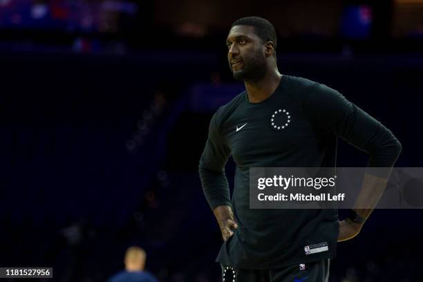 Player development coach Roy Hibbert of the Philadelphia 76ers looks on prior to the preseason game against the Detroit Pistons at the Wells Fargo...