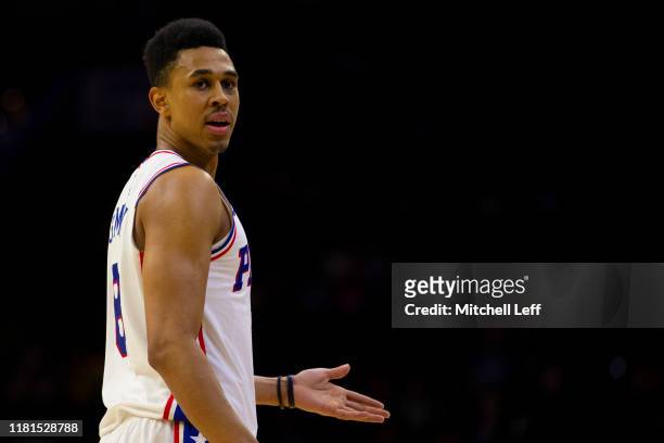 Zhaire Smith of the Philadelphia 76ers looks on against the Detroit Pistons during the preseason game at the Wells Fargo Center on October 15, 2019...