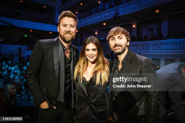 Charles Kelley, Hillary Scott and Dave Haywood of Lady Antebellum pose during the 2019 CMT Artist of the Year at Schermerhorn Symphony Center on...