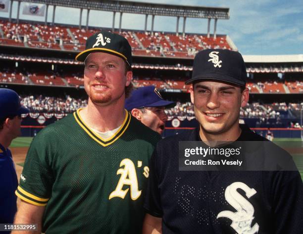 Mark McGwire of the Oakland A's and Robin Ventura of the Chicago White Sox pose before a MLB game at Jack Murphy Stadium in San Diego, California....