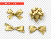 Bows gold realistic design. Isolated gift bows with ribbons