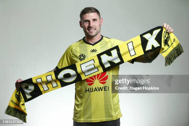 Gary Hooper poses during a Wellington Phoenix A-League player signing announcement at the Hotel Intercontinental on October 17, 2019 in Wellington,...