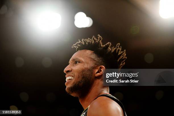 Evan Turner of the Atlanta Hawks looks on during the first quarter of the preseason game against the New York Knicks at Madison Square Garden on...