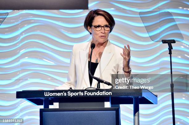 Mary Carillo speaks on stage at The Women in Sports Foundation 40th Annual Salute to Women in Sports Awards Gala, celebrating the most accomplished...