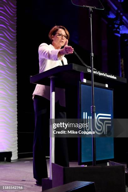 Mary Carillo speaks at The Women in Sports Foundation 40th Annual Salute to Women in Sports Awards Gala, celebrating the most accomplished women in...
