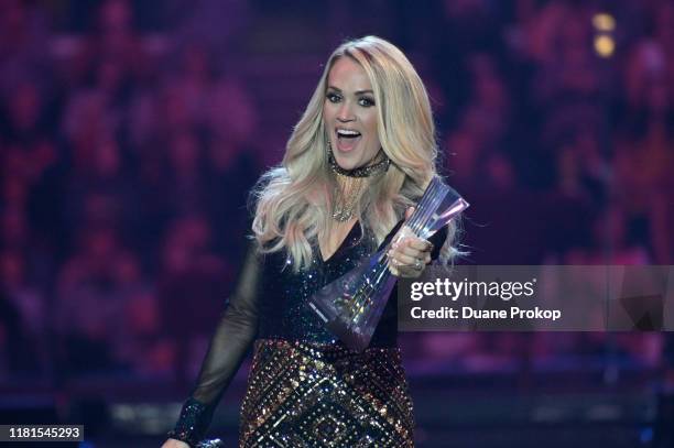 Carrie Underwood receives CMT Artist of the Year award during a remote performance at Rocket Mortgage Fieldhouse on October 16, 2019 in Cleveland,...