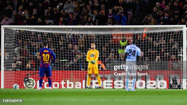 Lionel Messi of FC Barcelona penalty and Ruben Blanco of RC Celta during the Liga match between Barcelona and Celta Vigo at Camp Nou on November 9,...