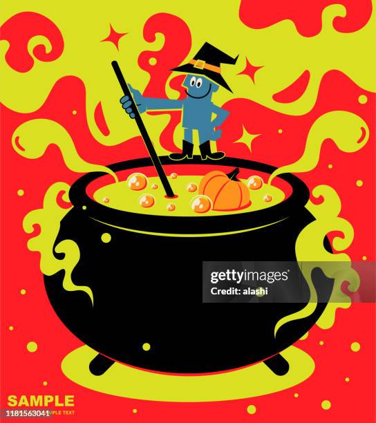 stockillustraties, clipart, cartoons en iconen met happy halloween, wizard staande op de top van een grote ketel (stoofpot) en koken voedsel - steaming vegtables