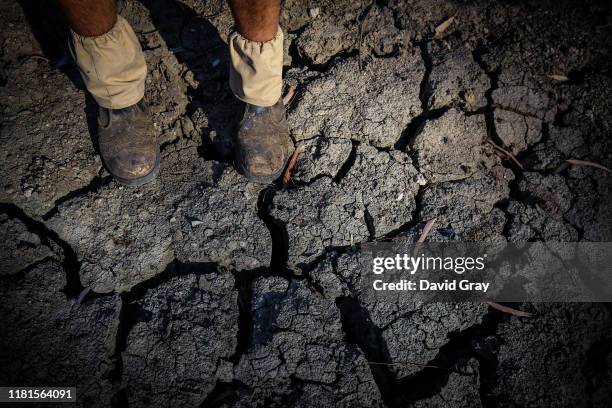 Farmer Johnnie McKeown stands in the dried-up bed of the Namoi River located on the outskirts of his drought-affected property, near the...