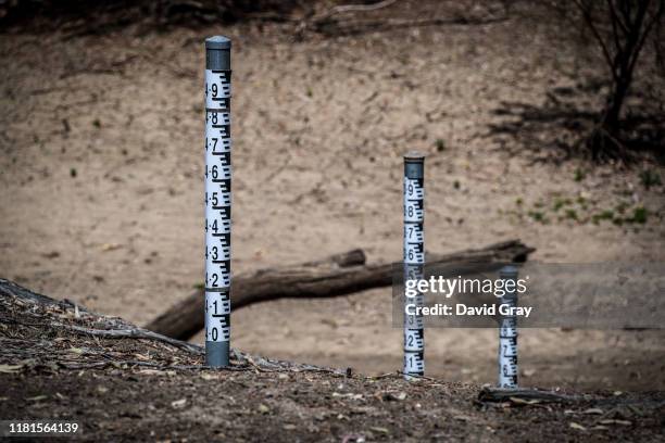 Water level markers and branches sit in the dried-up bed of the Mehi River, near the north-western New South Wales town of Collarenebri on October 7,...