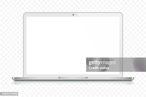 laptop in silver color with reflection, transparent background - macbook laptop white background stock illustrations