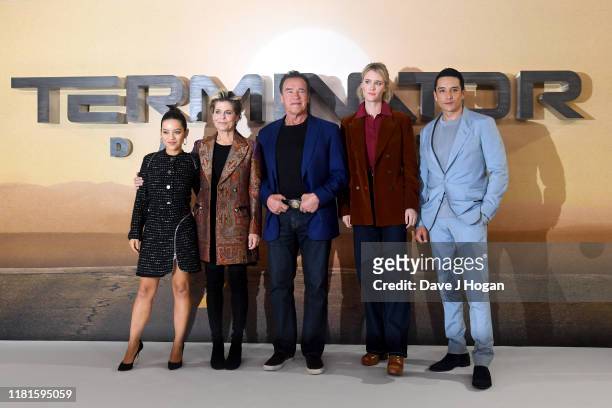 Natalia Reyes, Linda Hamilton, Arnold Schwarzenegger, Mackenzie Davis and Gabriel Luna attend the "Terminator: Dark Fate" photocall on October 17,...