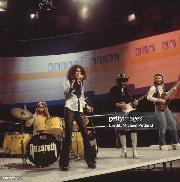 Scottish rock group Nazareth perform on the BBC TV music show 'Top Of The Pops' in London circa 1973. Members of the band are, from left, Darrell...