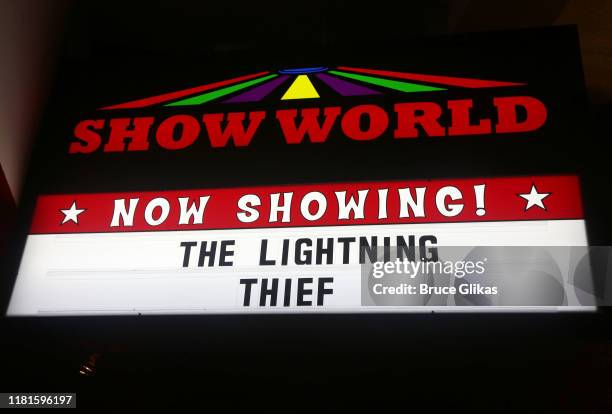 Signage at the opening night after party for the new musical based on the film "The Lightning Thief: The Percy Jackson Musical" on Broadway at...