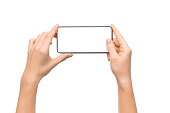 Female hands taking photo on smartphone with blank screen