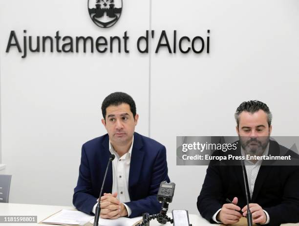 Toni Frances and Raul Llopis attend 'Testamento de Camilo Sesto' press conference at Town Hall Alcoy on October 17, 2019 in Alcoy, Spain.
