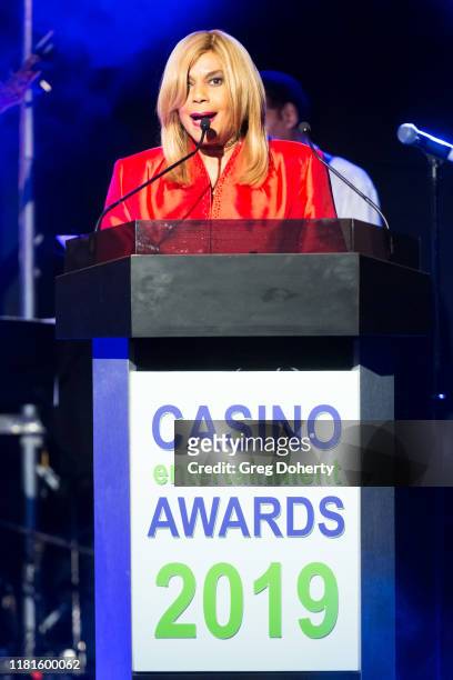 Singer/songwriter Claudette Rogers Robinson introduces singer Martha Reeves, recipient of the Casino Entertainment Legend Award, at the Global Gaming...