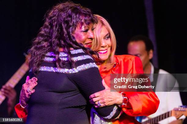 Singer Martha Reeves , recipient of the Casino Entertainment Legend Award, is greeted by singer/songwriter Claudette Rogers Robinson at the Global...