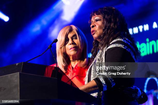 Singer/songwriter Claudette Rogers Robinson and singer Martha Reeves, recipient of the Casino Entertainment Legend Award, speak at the Global Gaming...