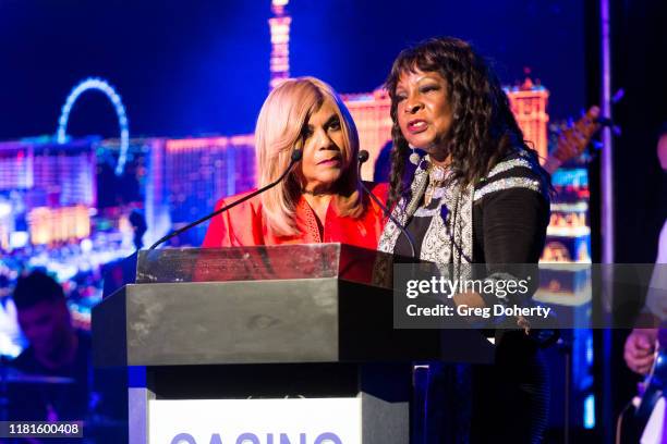 Singer/songwriter Claudette Rogers Robinson and singer Martha Reeves, recipient of the Casino Entertainment Legend Award, speak at the Global Gaming...