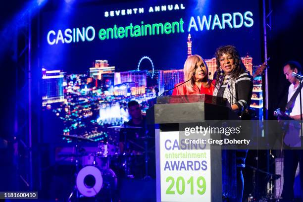 Singer/songwriter Claudette Rogers Robinson and singer Martha Reeves, recipient of the Casino Entertainment Legend Award, speak at the Global Gaming...