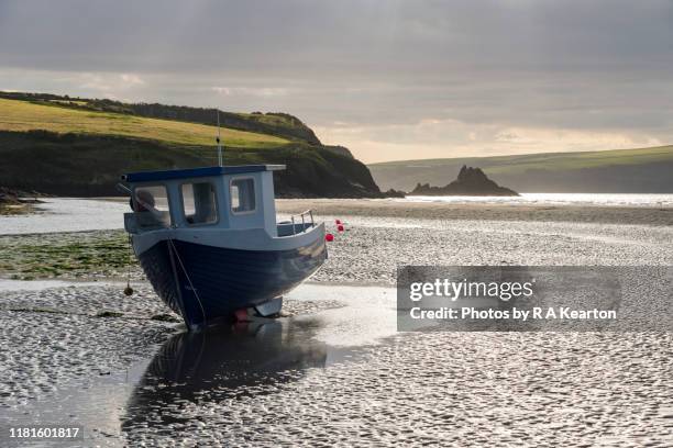 boat at low tide, newport sands, pembrokeshire, wales - marea baja fotografías e imágenes de stock