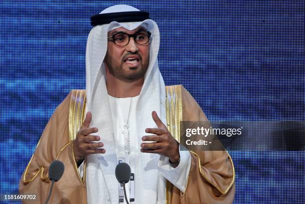 S Minister of State and CEO of the Abu Dhabi National Oil Company Sultan ahmed al-Jaber speaks during the opening ceremony of the Abu Dhabi...