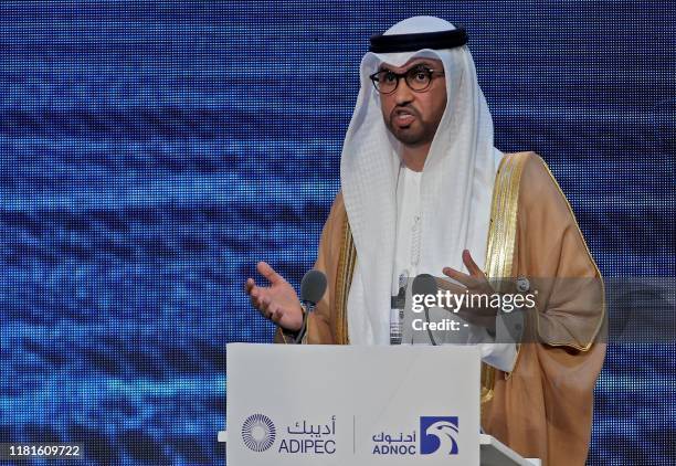 S Minister of State and CEO of the Abu Dhabi National Oil Company Sultan ahmed al-Jaber speaks during the opening ceremony of the Abu Dhabi...