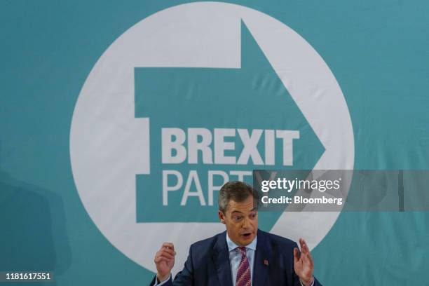 Nigel Farage, leader of the Brexit Party, gestures while speaking during his party's general election campaign launch in Hartlepool, U.K., on Monday,...