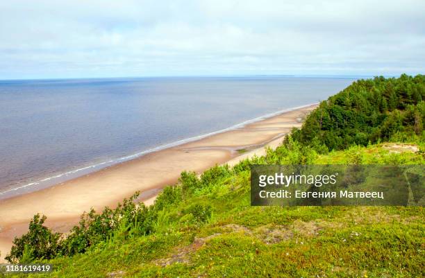 beautiful panoramic natural view on white sea coast village vorzogory, arkhangelsk region, russia - arkhangelsk stock pictures, royalty-free photos & images