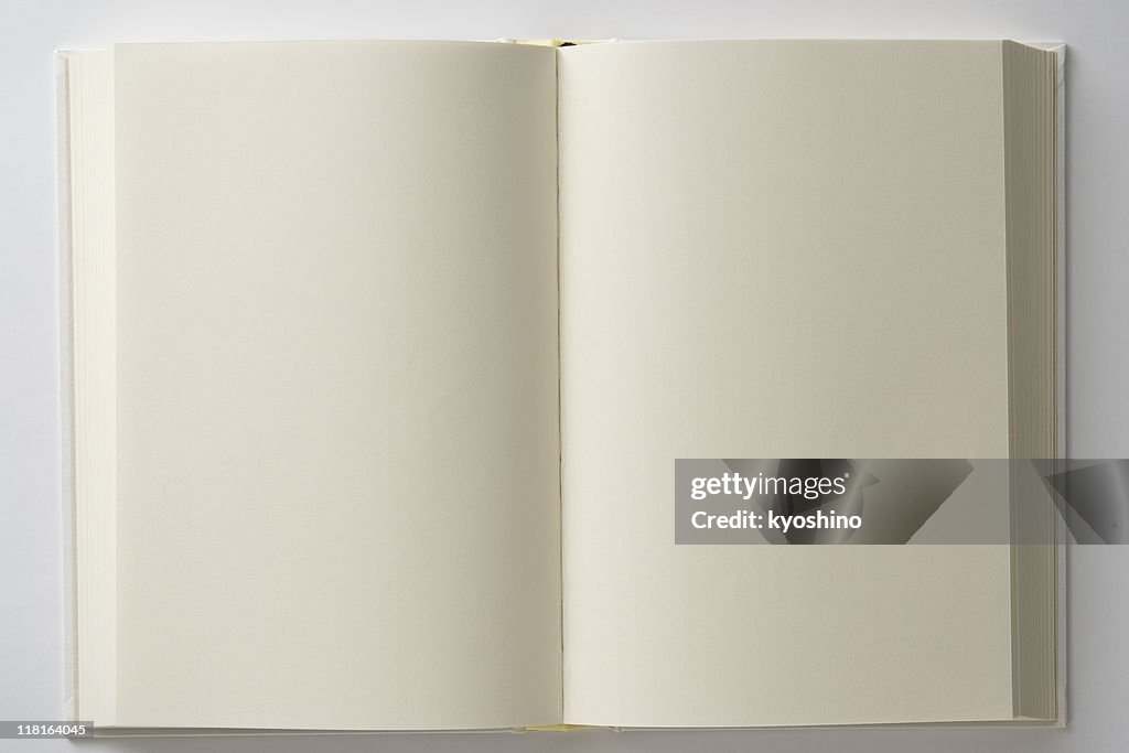 Isolated shot of opened blank white book on white backgrounds