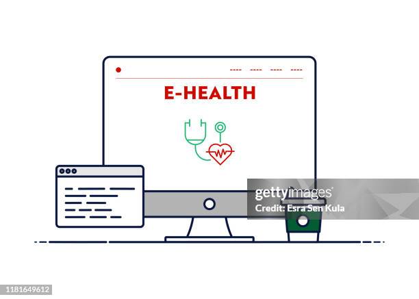 vector line illustration concept for e-health. editable stroke and pixel perfect. - doctor computer screen stock illustrations