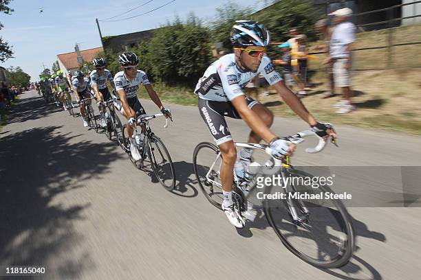 Alberto Contador of Spain and team Saxo Bank Sungard during Stage 3 of the 2011 Tour de France from Olonne sur Mer to Redon on July 4, 2011 in Redon,...