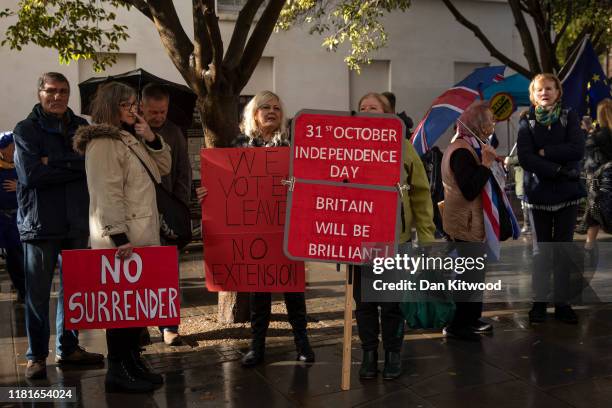 Pro Brexit supporters outside the Houses of Parliament on October 17, 2019 in London, England. Officials announced earlier in the day that EU and UK...