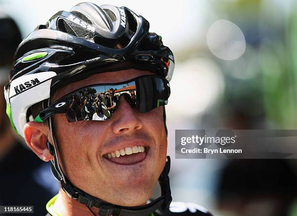 Simon Gerrans of Australia and SKY Procycling prepares for the start of stage three of the 2011 Tour de France from Olonne-sur-Mer to Redon on July...