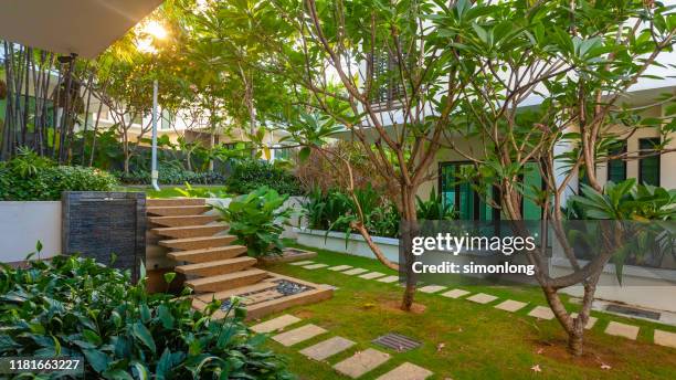 stone pattern staircase at houses - private terrace balcony stock-fotos und bilder