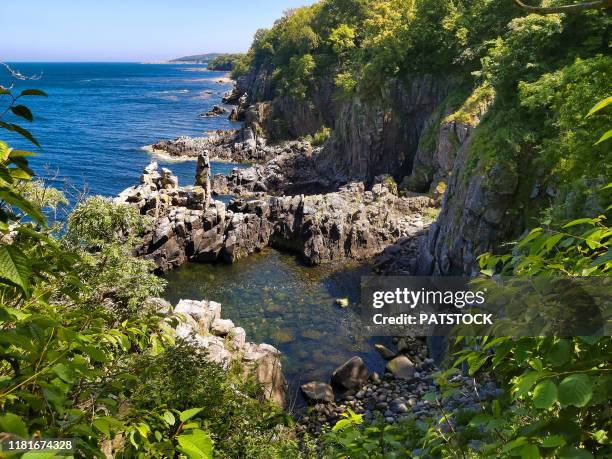 helligdomsklipperne rocky coastline in the vicinity of gudhjem bornholm island, denmark. - bornholm island stock pictures, royalty-free photos & images