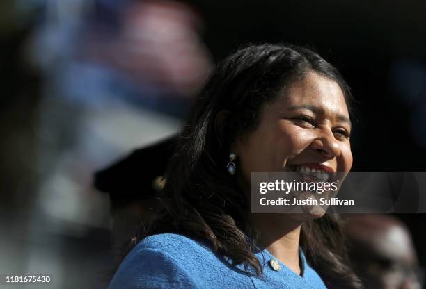 San Francisco mayor London Breed speaks to Rosa Parks Elementary School students during the Great California Shakeout Earthquake Drill on October 17,...