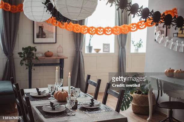 halloween lunch - draped table stock pictures, royalty-free photos & images