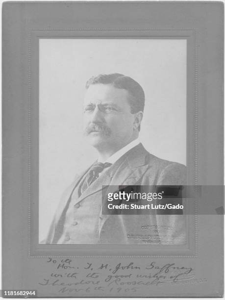 Signed photograph with a three-quarter-profile portrait shot of the 26th President of the United States, Theodore Roosevelt Jr, with a calm...